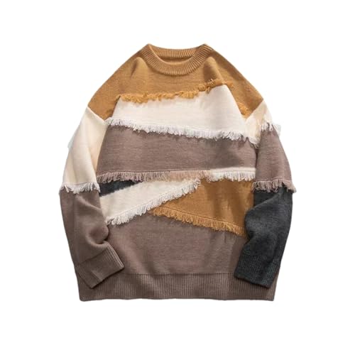 Men’S Retro Hole Fringed Patchwork Knit Pullover Round Neck Long Sleeve Slip-On Vintage Tassel Jumper Tops