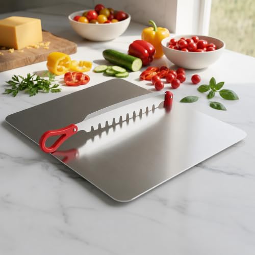 Image of Clazkit Stainless Steel Chopping Board with Multifunctional Cutter | Heavy Duty Cutting Board for Fruits, Vegetables | Rust-Resistant Kitchen Prep Board |31L x 24W x 5Th