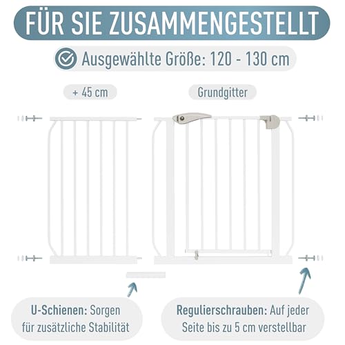 IB STYLE Treppenschutzgitter für Babys Berrin - Türschutzgitter, 90° Stop, Kinder Schutzgitter, Ohne Bohren, Weiß, 120-130 cm