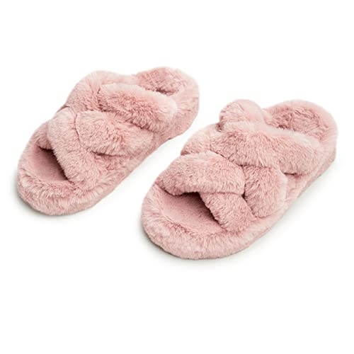 YDN Women Fuzzy Memory Foam Slippers Furry Heeled Slides Open Toe Indoor Outdoor Sandals Cross Band Slip On House Shoes Size 4-15 US3