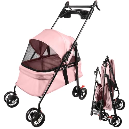 Homewell Passeggino per cani 2 in 1, con 2 portabevande, pieghevole, con freno di stazionamento, passeggino per animali domestici, 50 x 70 x 99 cm (rosa)