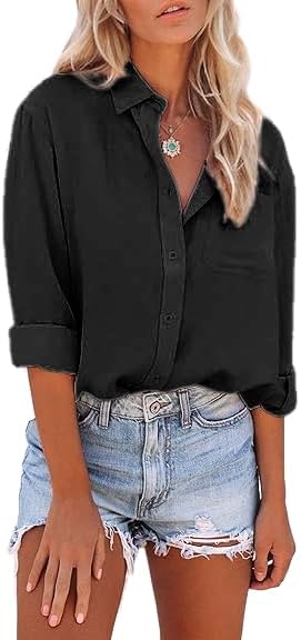 Womens Button Down Shirts Long Sleeve Dress Linen Shirts Casual Collared Cotton Button Up Blouses Oversized Tops with Pockets - Image 3