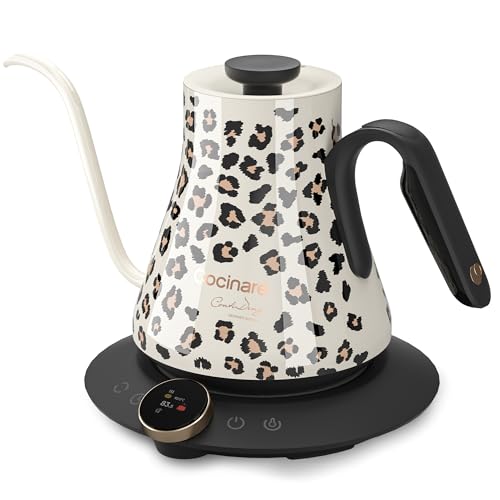 Image of Cocinare Gooseneck Electric Kettle, ±0.5F Precise Temperature Control, 1500W Fast Heating, Pour-Over Coffee & Tea, Stainless Steel, 0.9L (Color-changing Oat Leopard Design)