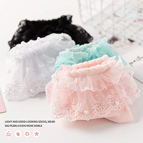 SRYL Women Ruffle Pearls Ankle Socks - Cute Cotton Lace Frilly Socks for Ladies & Girls4