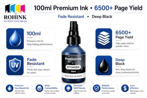 Image of ROHINK Premium Dye Ink Bottles for Brother Printers, T220, T300, T310, T420, T500, T520, T820, T920, T510, T910, T710, T4500W, T800W, T710W, BTD 60 Black, 100ml, Pack of 1