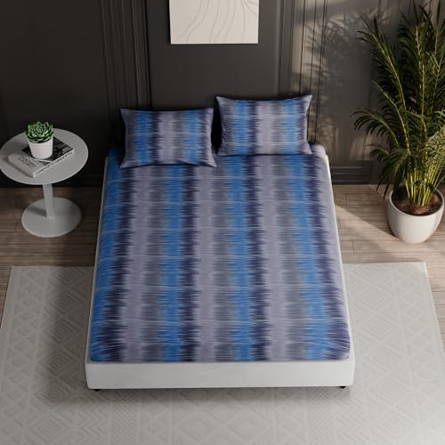 Image of BLISSHOME Everlast 150TC King Size Fitted Bedsheet with 2 Pillow Covers, Aesthetic Bedding, Wrinkle Resistant, 100+ Wash Durable, Quick Dry, Geometric Pattern - Blue (183cm x 198cm + 25cm Drop)