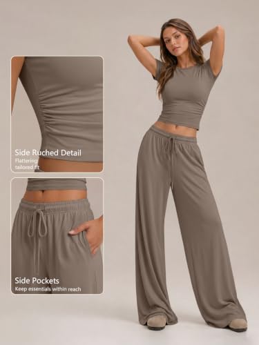 Image of Trendy Queen 2 Piece Matching Summer Lounge Set Womens Side Ruching Top Wide Leg Pants Sets with Pockets