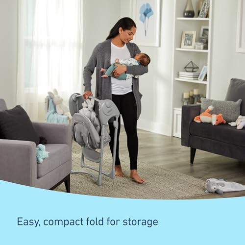 Image of Graco Slim Spaces Compact Baby Swing, Space Saving Portable Bay Swing with Height Adjustable Legs & Soft Toys, Reign