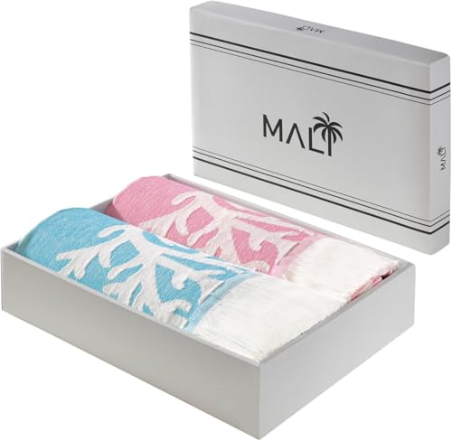 Delindo Lifestyle Juego de 2 toallas hammam, 100 x 180 cm, XXL, diseño de coral en rosa y azul, algodón, OEKOTEX-100, con caja de regalo