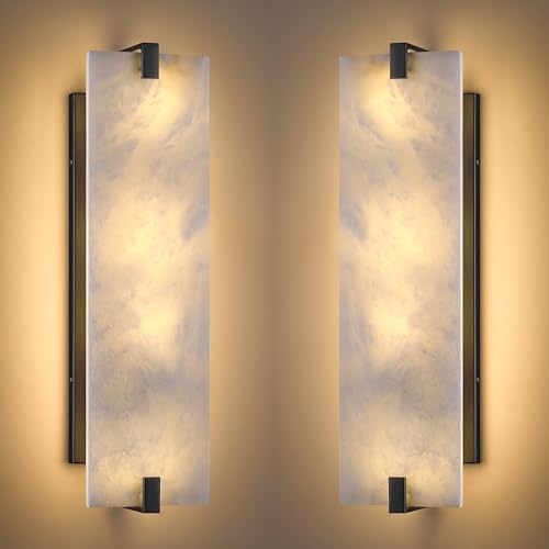 Image of 21.7 inch Natural Square Alabaster Marble Modern Concise 2 Pack 4 Light Wall Sconce Fixture,Black Finish for Bathroom Bedroom Hallway Bedside Staircase Vanity Mirror