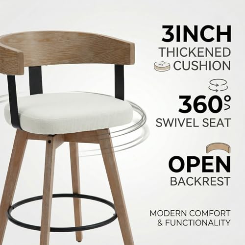 Butaco HNY 26" asiento altura giratorio en lino juego de 2, blanco | Moderno taburetes giratorios 360° con tapizado de lino estructura de madera maciza y reposapiés de metal perfecto para barra y comedor miniatura 3