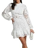 Women's Spring Long Sleeve Embroidery Mini Dress Ruffle Hollow Out Sexy Lace Dress (White-L)
