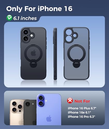Image of FNTCASE for iPhone 16 Case: [360 Spin Magnetic Stand] [Compatible with Magsafe] [Screen Protector] Translucent Matte Military Grade Shockproof Full Camera Protective Phone Cover - Black