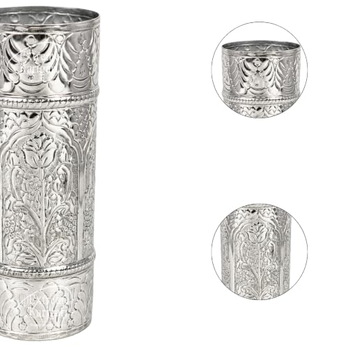 Image of Cylindrical Shape Aluminum Flower Vase for Home Decor, Traditional Embossed Metal Flower Pot for Office Table Decorations,Gift for Festival, 9 inches, German Silver (Large)