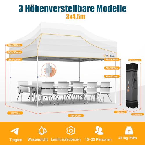 Image of Hoteel Gazebo, 3 x 4.5 cm, Waterproof, Stable, Winterproof, Reinforced Folding Gazebo with Hexagonal Tube Frame, Anti-UV Party Tent, Foldable Garden Gazebo for Markets, Carry Bag with Wheels, 4 Sand