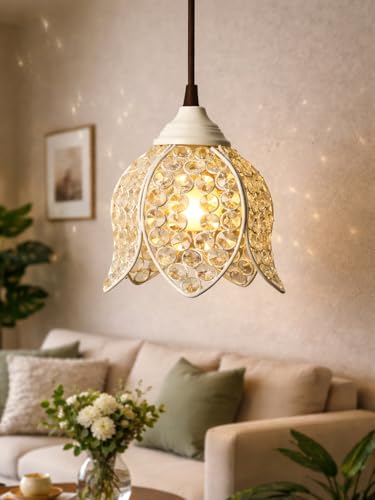 Image of Lotus Crystal Pendant Light Modern Ceiling Fixture, Stylish Home Decor, Warm White, Living Room, Bedroom, Contemporary Design, Decorative Crystal Chandelier (White)