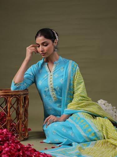 Image of INDO ERA Women Cotton Printed Straight Kurta Palazzos With Dupatta Set