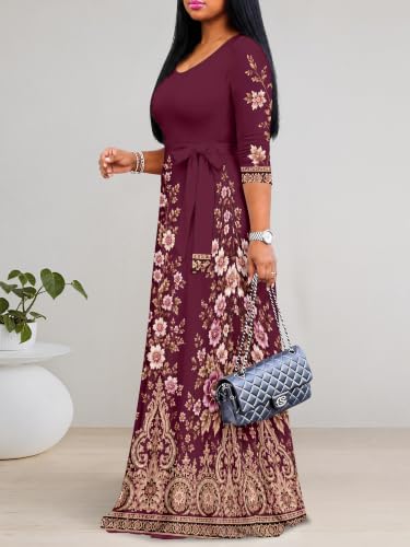 Image of PinkPatty Plus Size Maxi Dress for Women Casual V Neck 3 /4 Sleeve Boho Printed Long Dress with Pockets