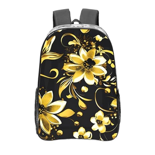 black and gold flowers Print Work Travel Stadium Events Transparent Backpack PVC Clear Bag Large Side Pockets