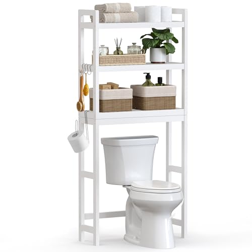 SONGMICS Over The Toilet Storage, 3-Tier Over Toilet Bathroom Organizer with Adjustable Shelf, 10.2 x 24.8 x 66.9 Inches, Space-Saving, Cloud White UBTS01WT 3 Tiers (66.9"H) Cloud White