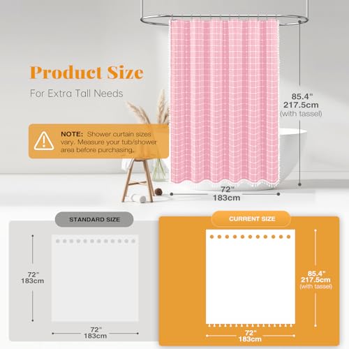 Image of BTTN Extra Long Shower Curtain - 72x84 Inch Long Boho Chic Tassel Linen Fabric Shower Curtain Set with Hooks, Tall Modern Farmhouse Elegant Heavy Duty Thick Cloth Shower Curtains for Bathroom - Pink