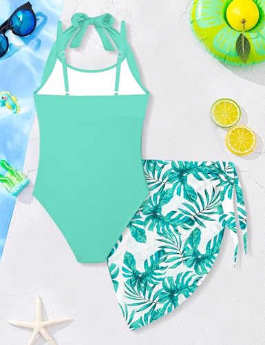 Image of Girls Swimsuit Set - Halter Neck One Piece Bathing Suit with Tropical Cover Up Skirt Swimwear for Kids 7-18Y