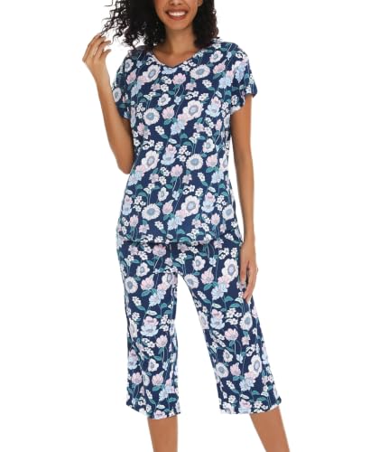 Image of ENJOYNIGHT Womens Pajama Sets Cotton Pj Set Short Sleeve Top With Capri Pants Sleepwear 2 Piece Lounge Set