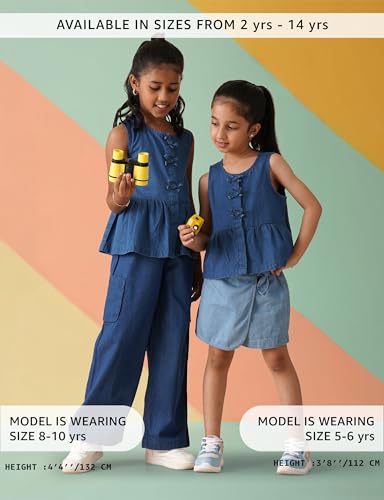 Image of Amazon Brand - Symbol Girl's Solid Denim Relaxed Fit Woven Crop Top
