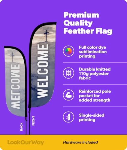 Image of LookOurWay Feather Flag Pole Kit - 7 Feet Tall Advertising Banner with Fiberglass Pole Set and Ground Spike for Business Promotion - Church Flags - Welcome