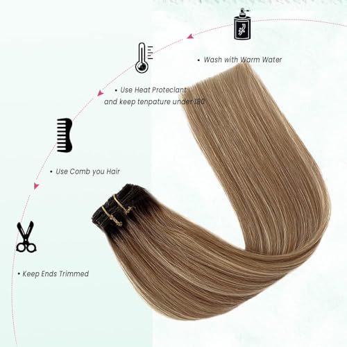 Image of Clip in Hair Extensions Real Human Hair 7 Pcs Golden Brown Mixed 613 Blonde Highlights Human Hair Extensions Clip ins Medium Brown Roots Human Hair Clip in Extensions 16 Inch 70g, #4T12P613