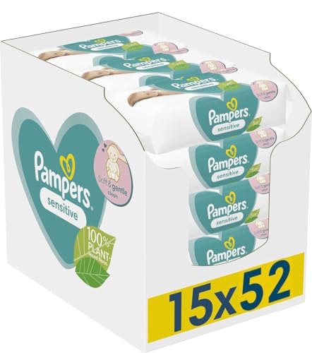 Pampers Sensitive Lot de 3 paquets de 5 x 52 = 780 lingettes humides en portions optimales pour toujours des lingettes humides et fraîches