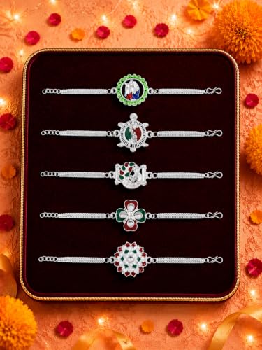 Image of Oblivion Set of 5 Designer Bracelet Rakhi for Brother in Brass with Roli Chawal, Silver Colour Pooja Coin and Greeting Card for Raksha Bandhan