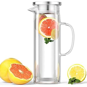 Uootach Glazen karaf met deksel, waterkaraf, 1,5 liter, glazen kan van borosilicaatglas, hittebestendige waterkoker, karaf van glas, ideaal voor melk, sap, thee, koffie of warm water