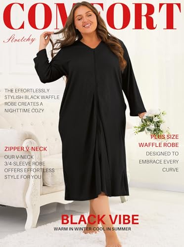 Hellomamma Womens Zipper Waffle Robes: Plus Size Long Sleeve Robe Lightweight Bath Loungewear for Maternity Postpartum2