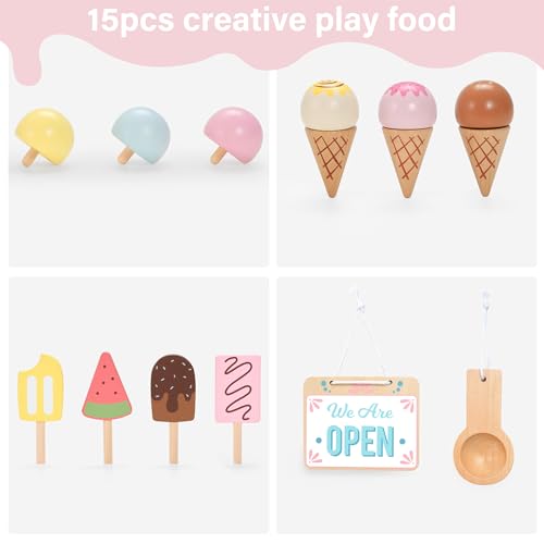 image for PairPear Large Wooden Ice Cream & Grocery Cart, 2 in 1 Pretend Play Ic