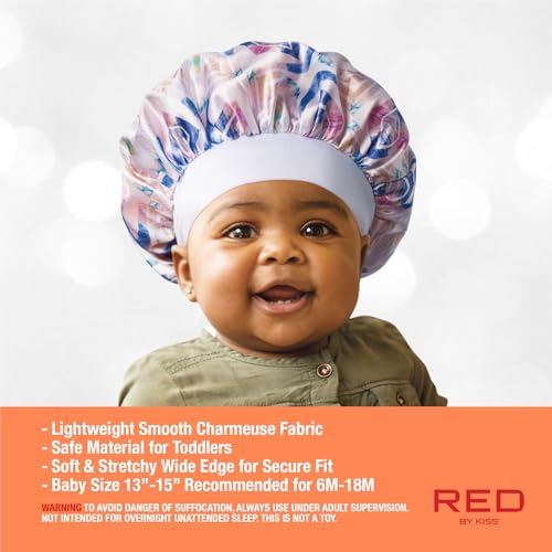 Red by Kiss Baby Satin Bonnet Sleep Cap for Infants, Soft, Stretchy, and Safe, Protects Baby Hair from Frizz & Breakage, Friction Bald Spots (Purple Ikat, 6-18M)