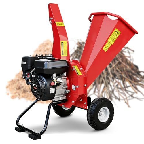 KARHDIR Wood Chipper Shredder Mulcher 7 HP 212CC Gas-Powered Heavy Duty Garden Chipper 3-Blade Disc Cutter 15:1 Reduction Ratio for Branches Twigs Ideal for Orchard Yard Farm Courtyard