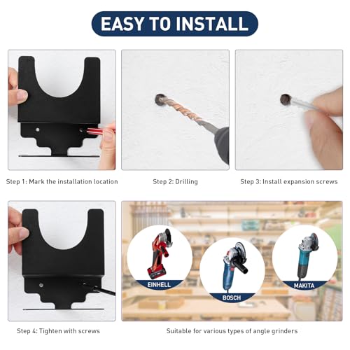 EXLECO 4 Stück Wandhalterung Winkelschleifer Halterung mit Schrauben, 115mm 125mm Flex Halterung Wand Werkzeug Halterung Winkelschleifer Organizer aus Stahl Werkstatt Zubehör für Schneider Polierer