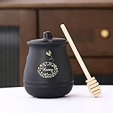 Kosmeey Ceramic Honey Jar With Wooden Honey Dipper - Honey Pot With Dipper - Black Honey Dispenser with Stand, Great Bee Decor- Farmhouse Kitchen Decoration