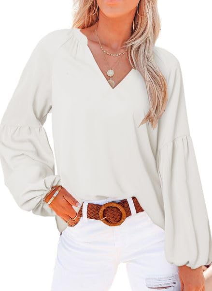MeeQee Blusas de Gasa para Mujer Chic Manga Larga Mangas Acampanadas Camisas Cuello en V Casuales Suelta T Shirt Elegantes Color Sólido Túnica Camiseta para Primavera Otoño Invierno