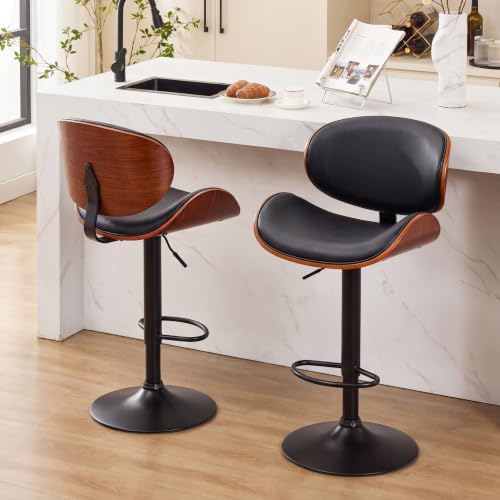 Image of Homall Swivel Bar Stools Set of 2, Counter Height Bar Chairs w /PU Leather Back, Adjustable Height & Footrest, Modern Upholstered Barstools for Kitchen Island Dining Room Bar, Black