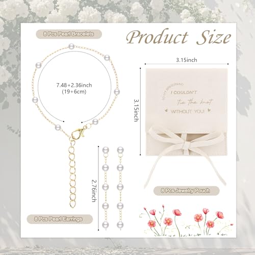 24 Pcs 8 Sets Bridesmaids Gift Pearl Jewelry Set Pearl Bracelet & Earrings, Jewelry Pouch with Bow Tie I Couldn't Tie the Knot Without You Wedding Bride Shower Gifts2