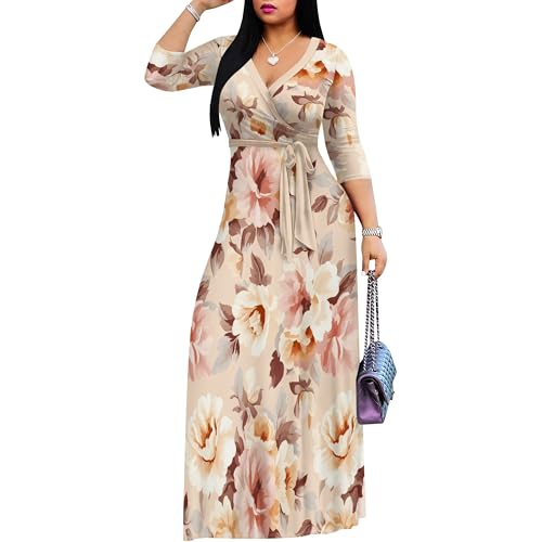 PinkPatty Women's Plus Size Maxi Dresses 3/4 Sleeves Bohemian Long Dress Printed Swing Dress with Belt2