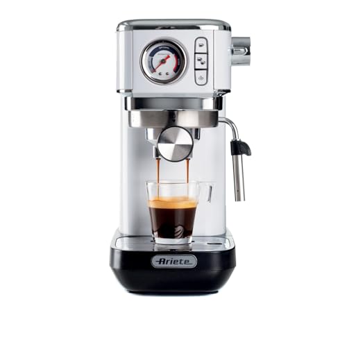 Ariete Espresso Slim Metal 1381, Macchina da Caffè con Manometro, Compatibile con Caffè in Polvere e Cialde ESE, 15 Bar Massime, Filtro 1 o 2 Tazze, Lancia per Cappuccino, 1300W, Bianco