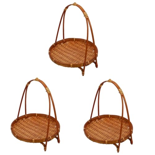 OKUMEYR 3pcs Snack Stand Fruit Dessert Basket Woven Tray Fruit Storage Basket Fruit Rattan Tray Food Organizer Seagrass Storage Baskets Storage Organizer Weaving Light Brown