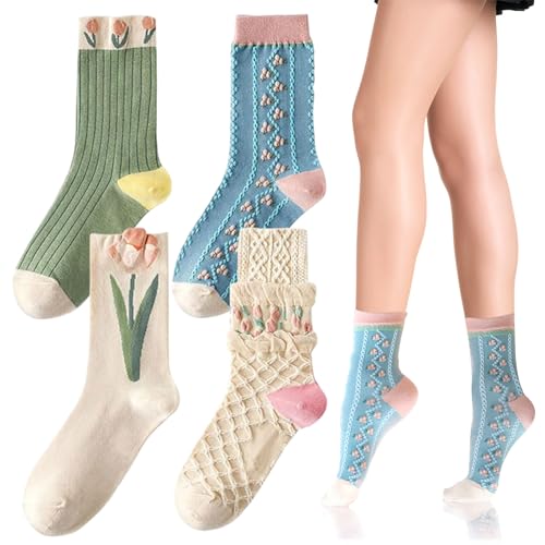 FUIPVGI 4 Pares Calcetines de Flores Vintage para Mujeres, Medias Retro Bordadas de Algodón Divertidos