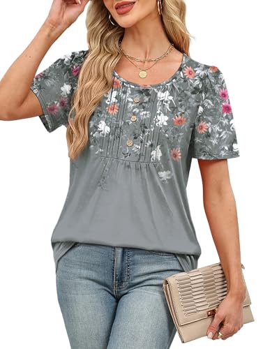 Image of Womens Tops Dressy Casual Blouses Short Sleeve Shirts Plus Size Fashion Clothing Spring Summer Outfits Button Pleated Front