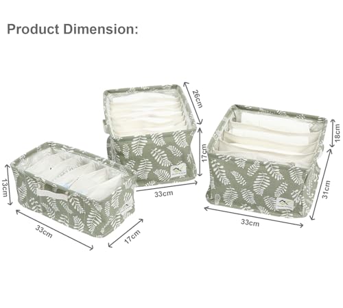 Image of House of Quirk Cotton Linen Set Of 3 Underwear Organizer Set - 5 /6 /9-Compartment Dividers For Closet & Drawer (Green Meadow), Clothing