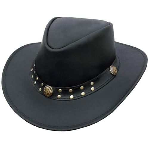 Leather Cowboy Hat for Men Women Western Australian Outback Hat with Shapeable Wide Brim, Black Vintage Aussie Style Leather Hat for Unisex Adult with Chin Cord