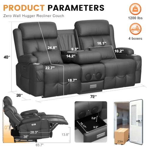 Image of Home Theater Seating, Power Loveseat Recliner Sofa with Massage & Heat, Wall Hugger Reclining Loveseat with USB, RV Couch with LED Lights, Flip Backrest, Cup Holders for Movie Theater & Gaming Room